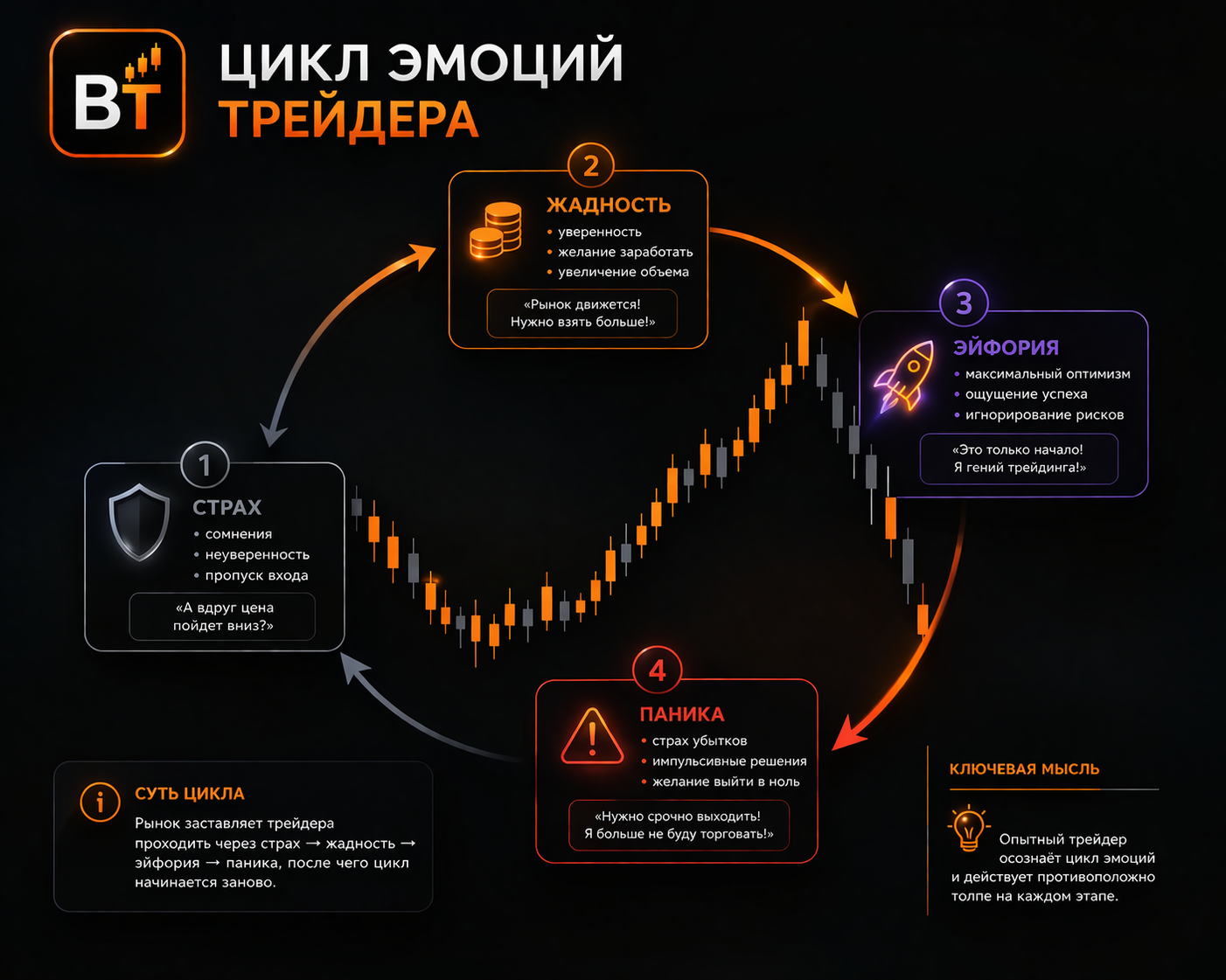 цикл эмоций трейдера страх жадность, график с подписями на русском "страх", "жадность", "паника", "эйфория", темный фон, стиль крипто аналитики