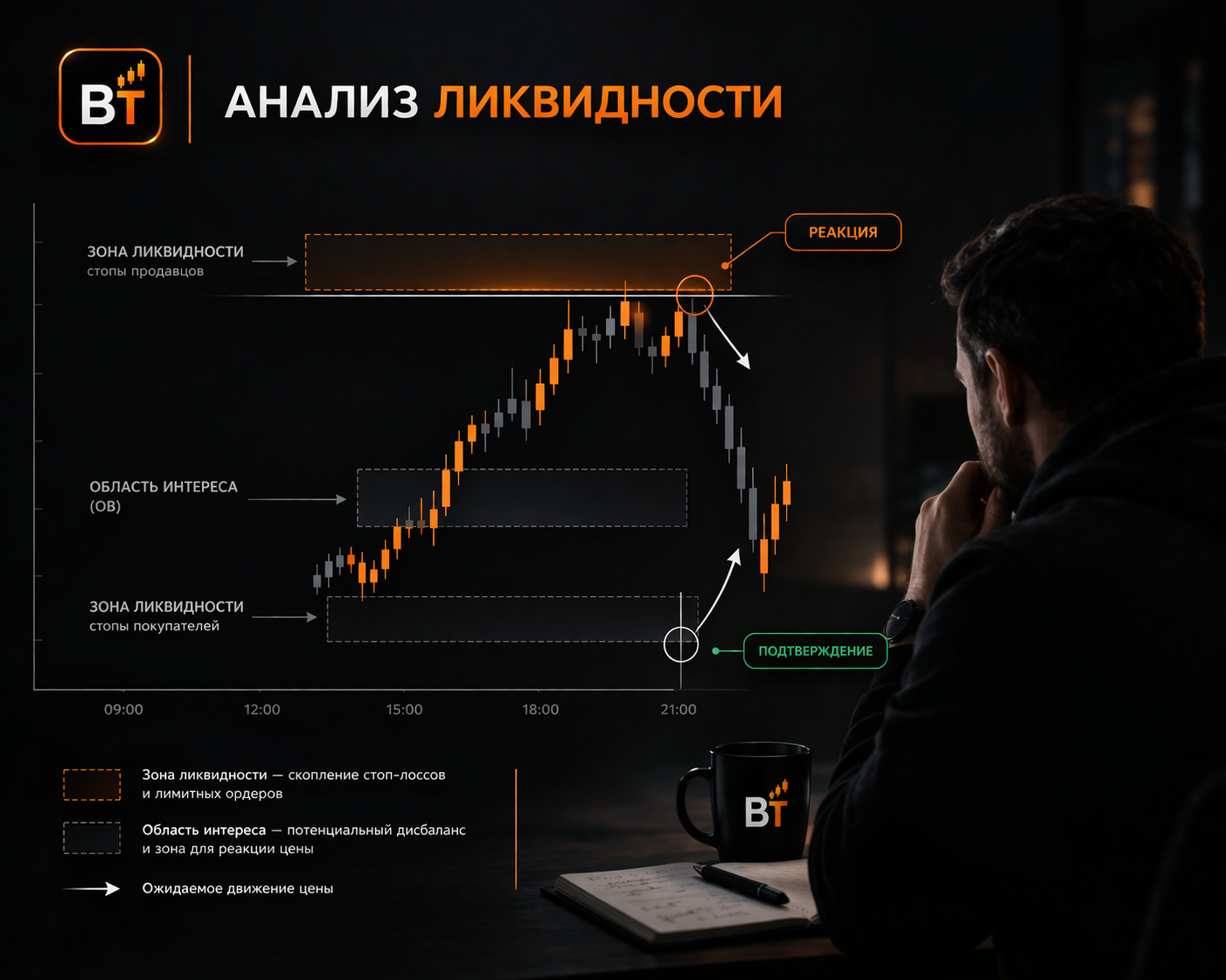 профессиональный трейдер анализирует график зоны ликвидности, выделены области интереса, подписи на русском "анализ ликвидности", "реакция", "подтверждение", минимализм