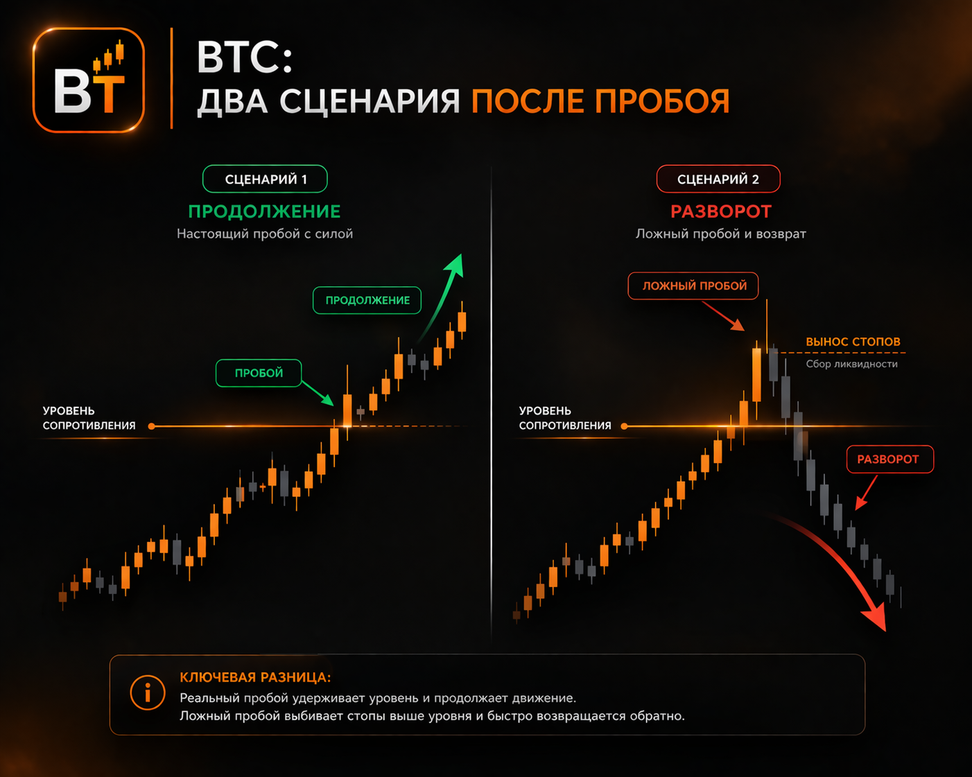 сравнение двух сценариев на графике BTC, темный фон, слева логотип BT, один сценарий продолжение вверх, второй разворот вниз после пробоя, подписи "ложный пробой", "продолжение", "разворот", минимализм