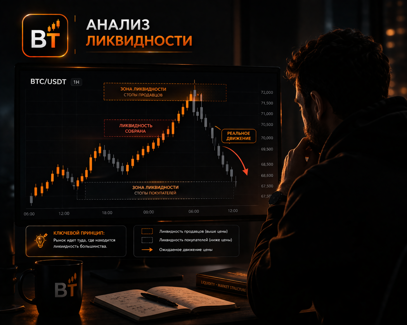 профессиональный трейдер смотрит на график BTC, темный фон, слева логотип BT, выделены зоны ликвидности и стрелки движения, подпись "анализ ликвидности", премиальный стиль