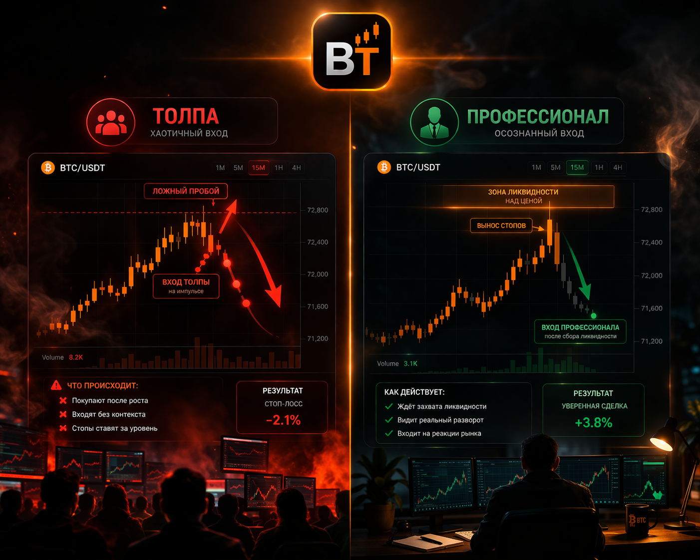 разделенный экран трейдинга криптовалют, слева хаотичный вход толпы, справа спокойный вход профессионала, график BTC на обеих сторонах, сверху логотип BT, подписи на русском "толпа" и "профессионал", современный интерфейс, темный премиальный стиль, контрастное освещение